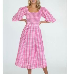 NEW Olivia James Bridget Dress Country Plaid Small Pink White Gingham $231